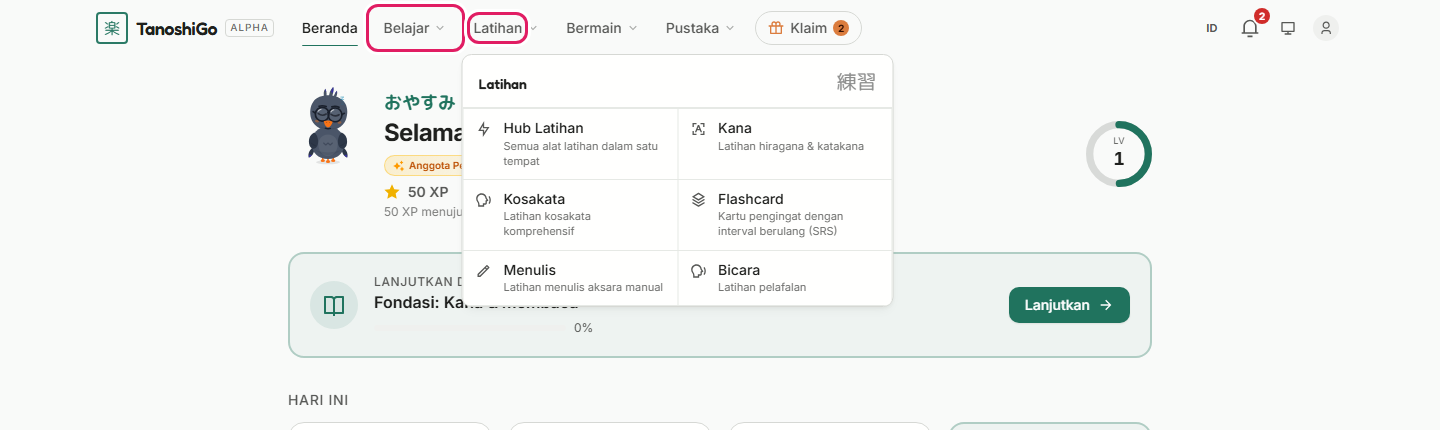 Menu atas, dengan satu kelompok terbuka.