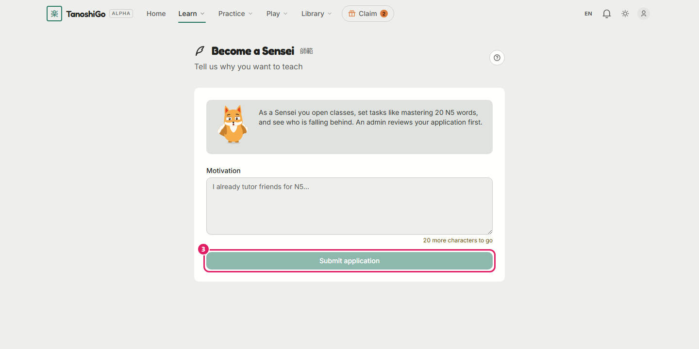 The Sensei application form.