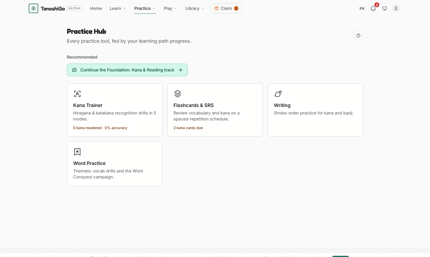 The hub, with a recommendation above the tiles.