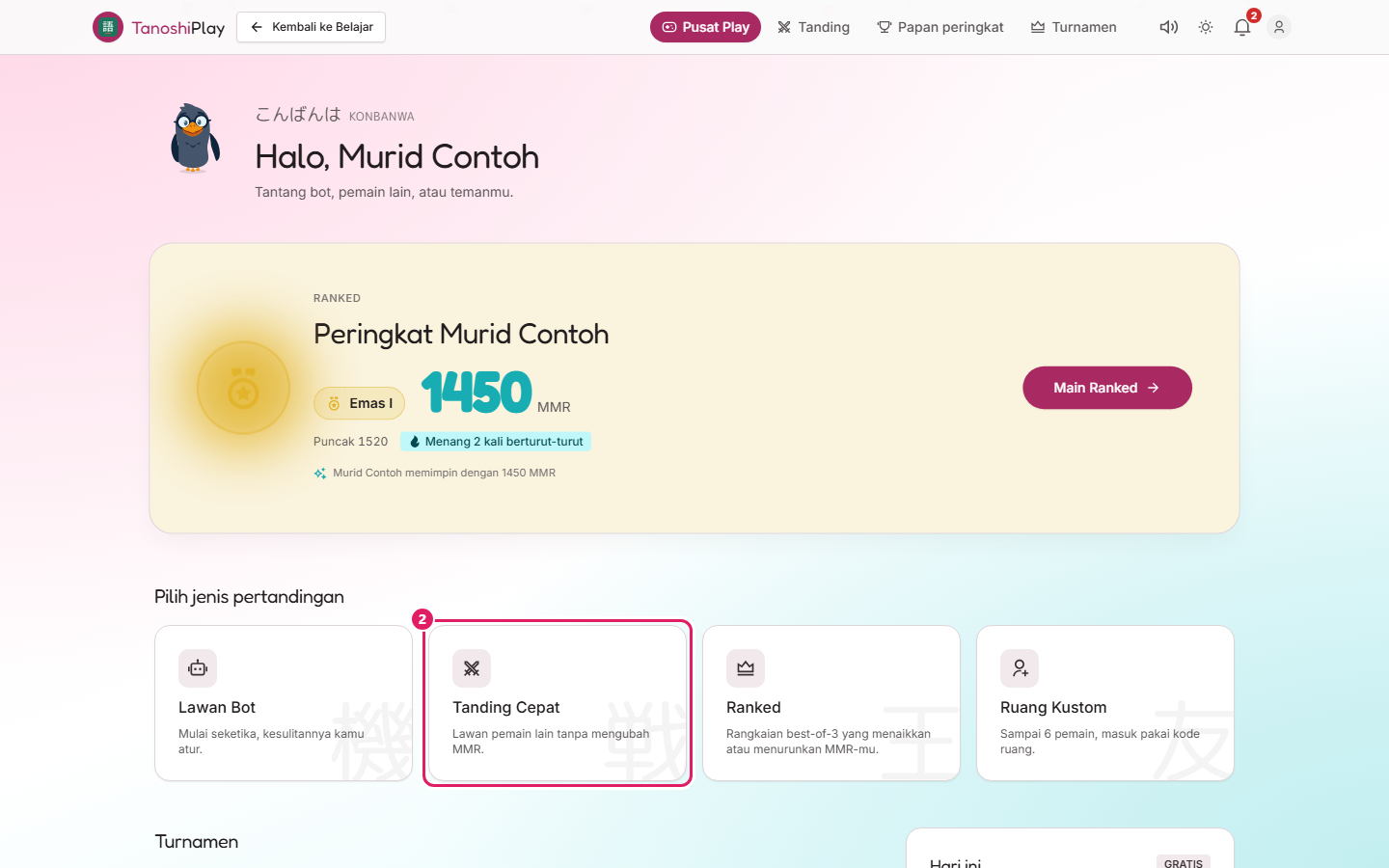 Hub, dengan kartu peringkat dan empat aksi cepatnya.