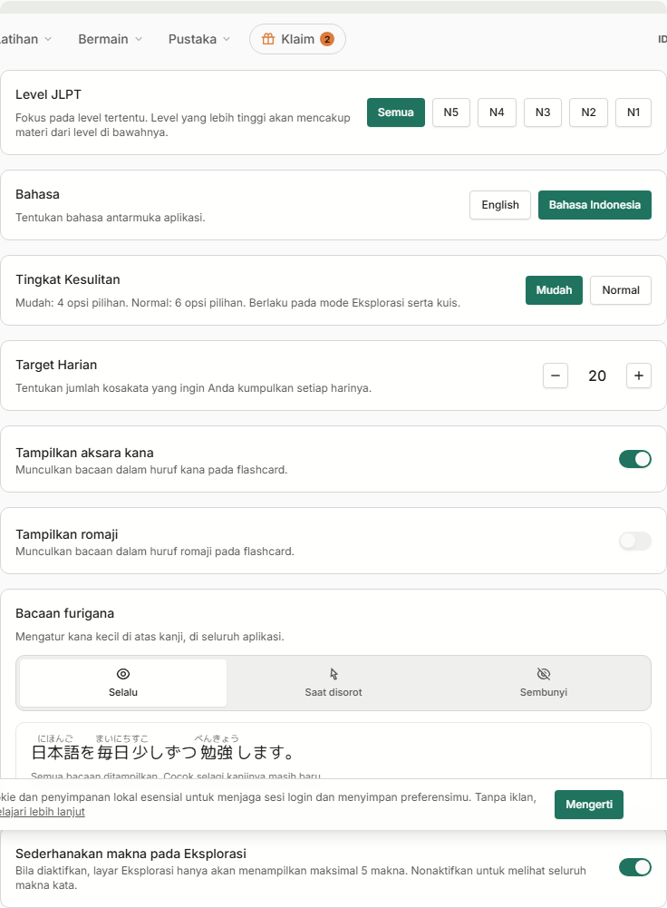 Bagian belajar di Pengaturan.