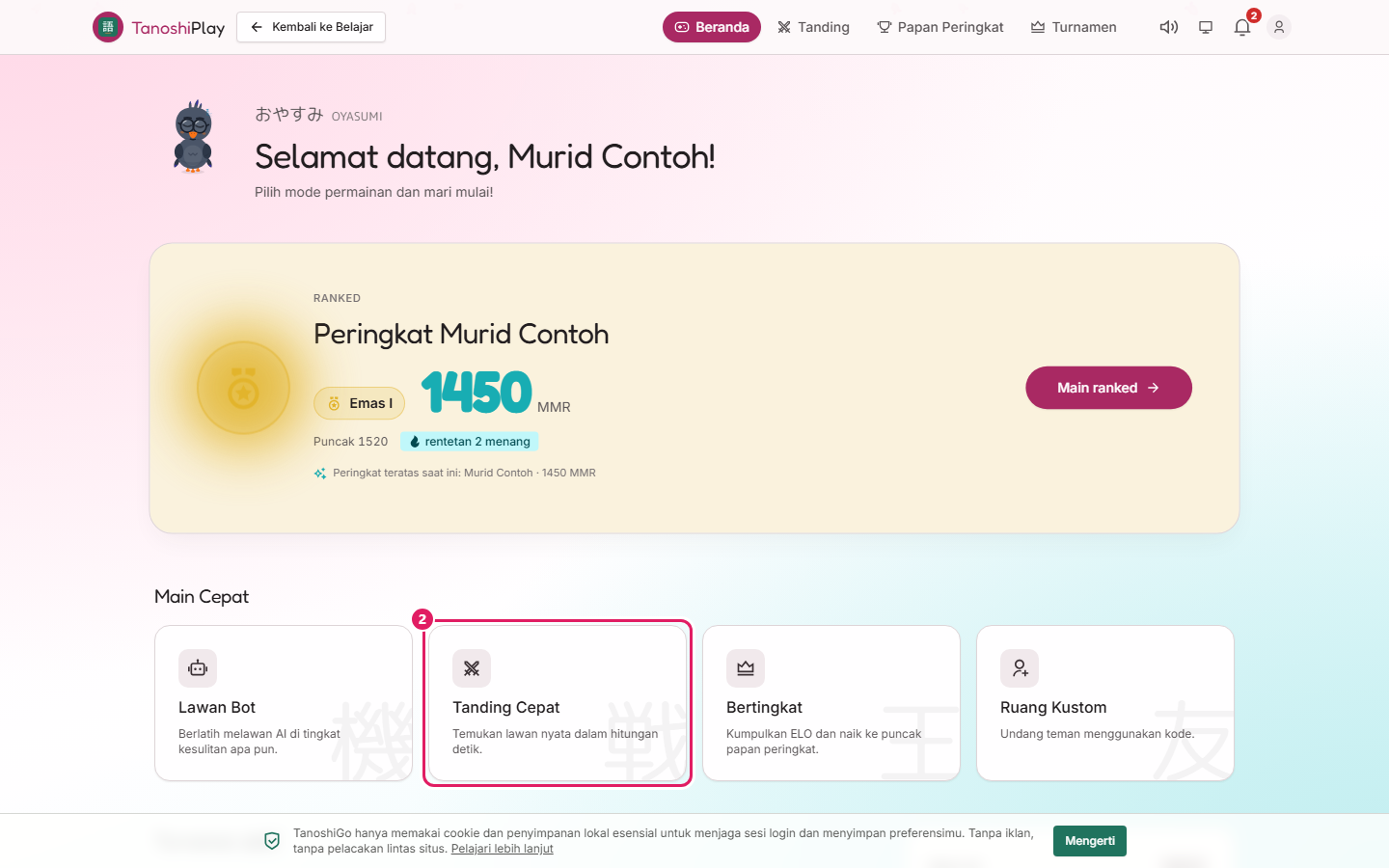 Hub, dengan kartu peringkat dan empat aksi cepatnya.