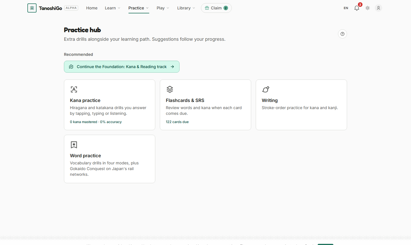 The hub, with a suggestion above the cards.