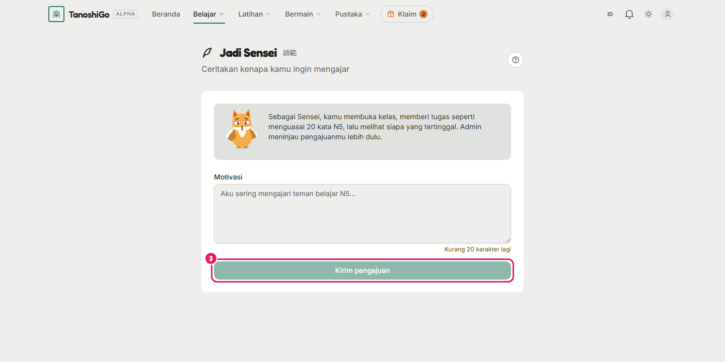 Formulir aplikasi Sensei.