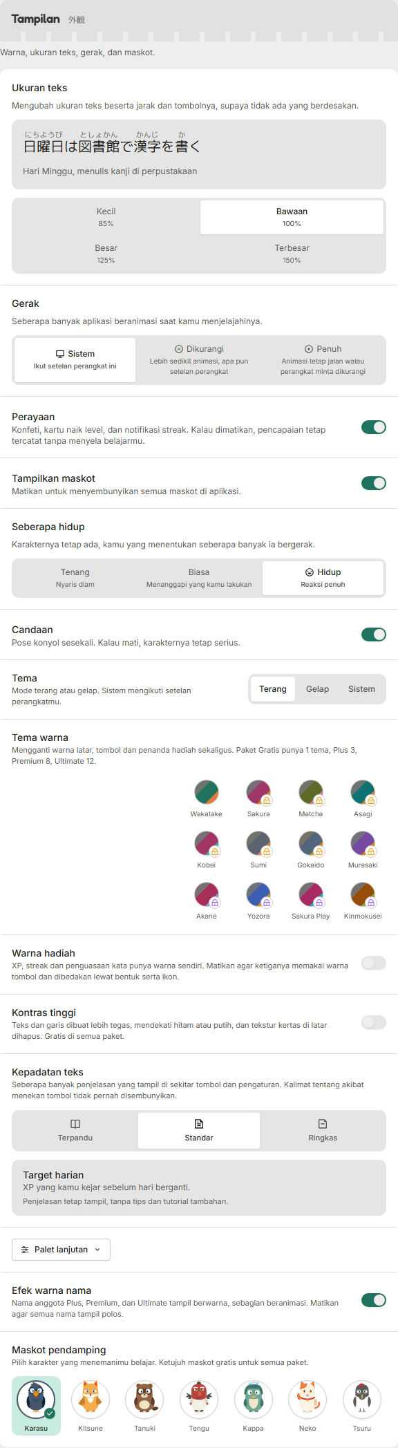 Tema dan pemilih tema warna, dengan pilihan yang terkunci ikut terlihat.