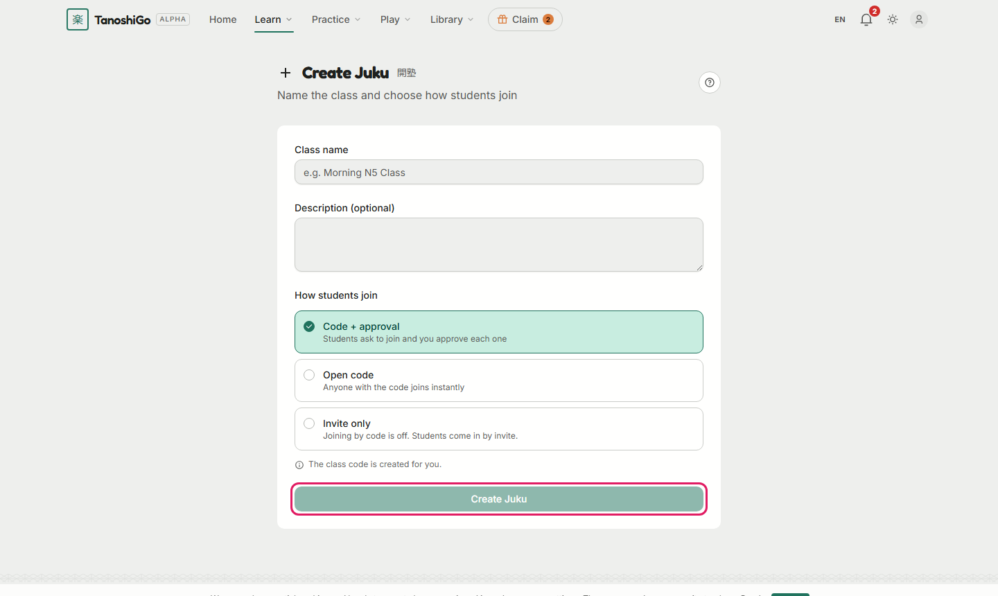 The create-class form.