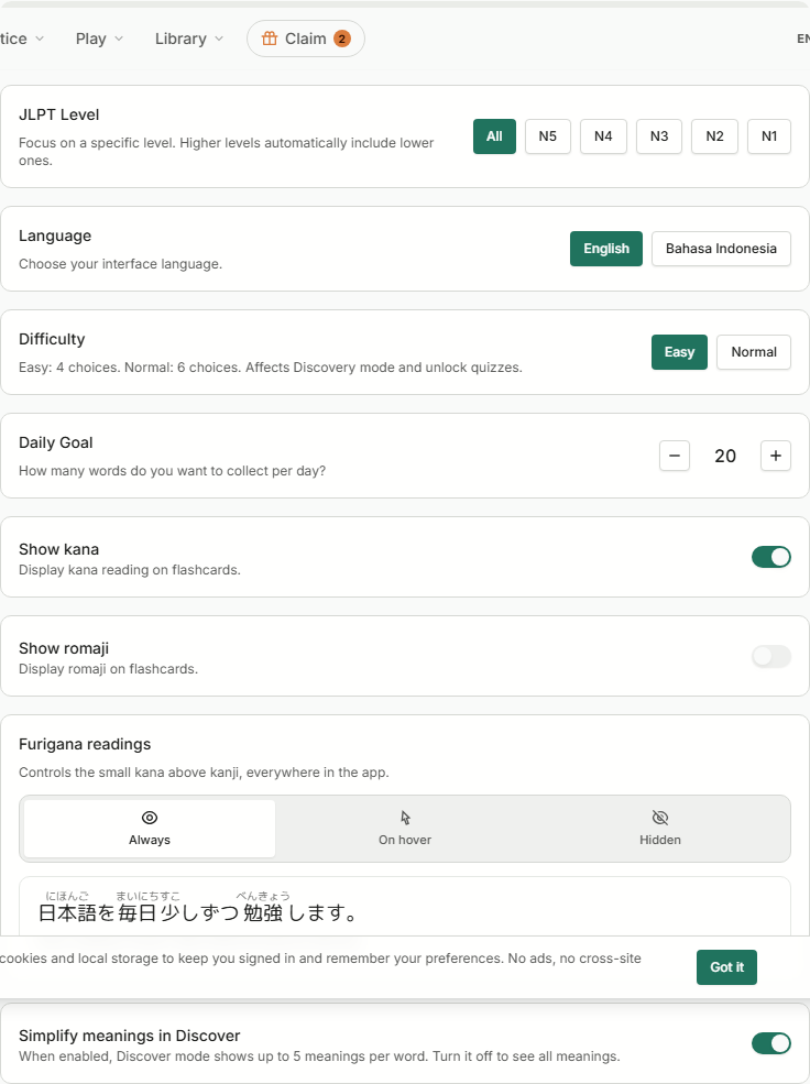 The learning section of Settings.