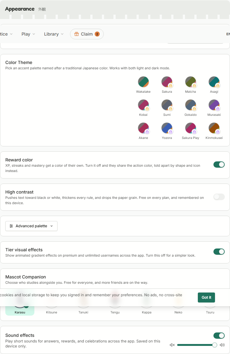 Theme and the accent picker, with locked swatches shown.
