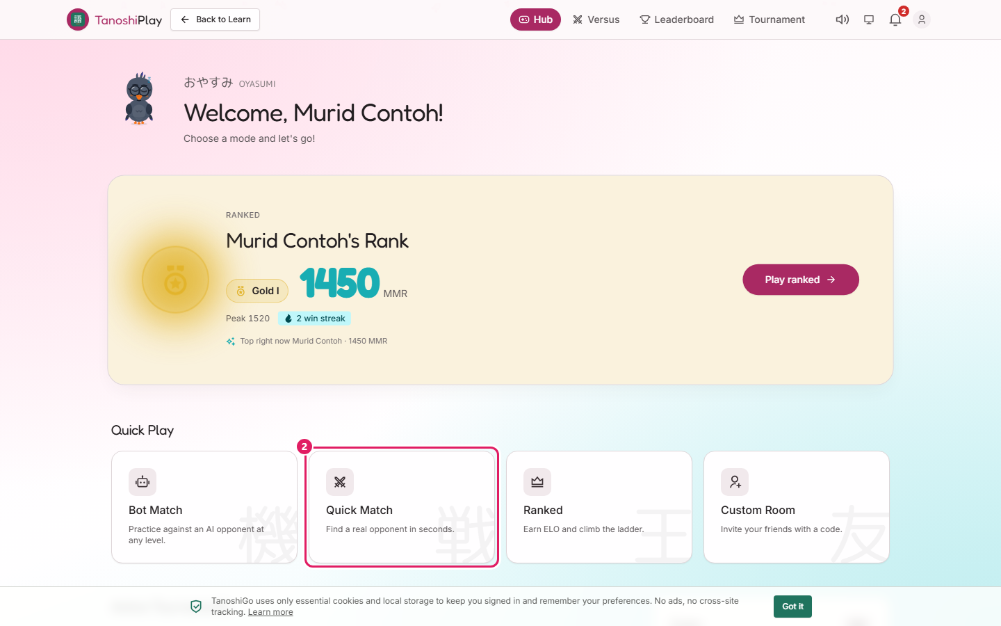 The hub, with the rank card and the four quick actions.