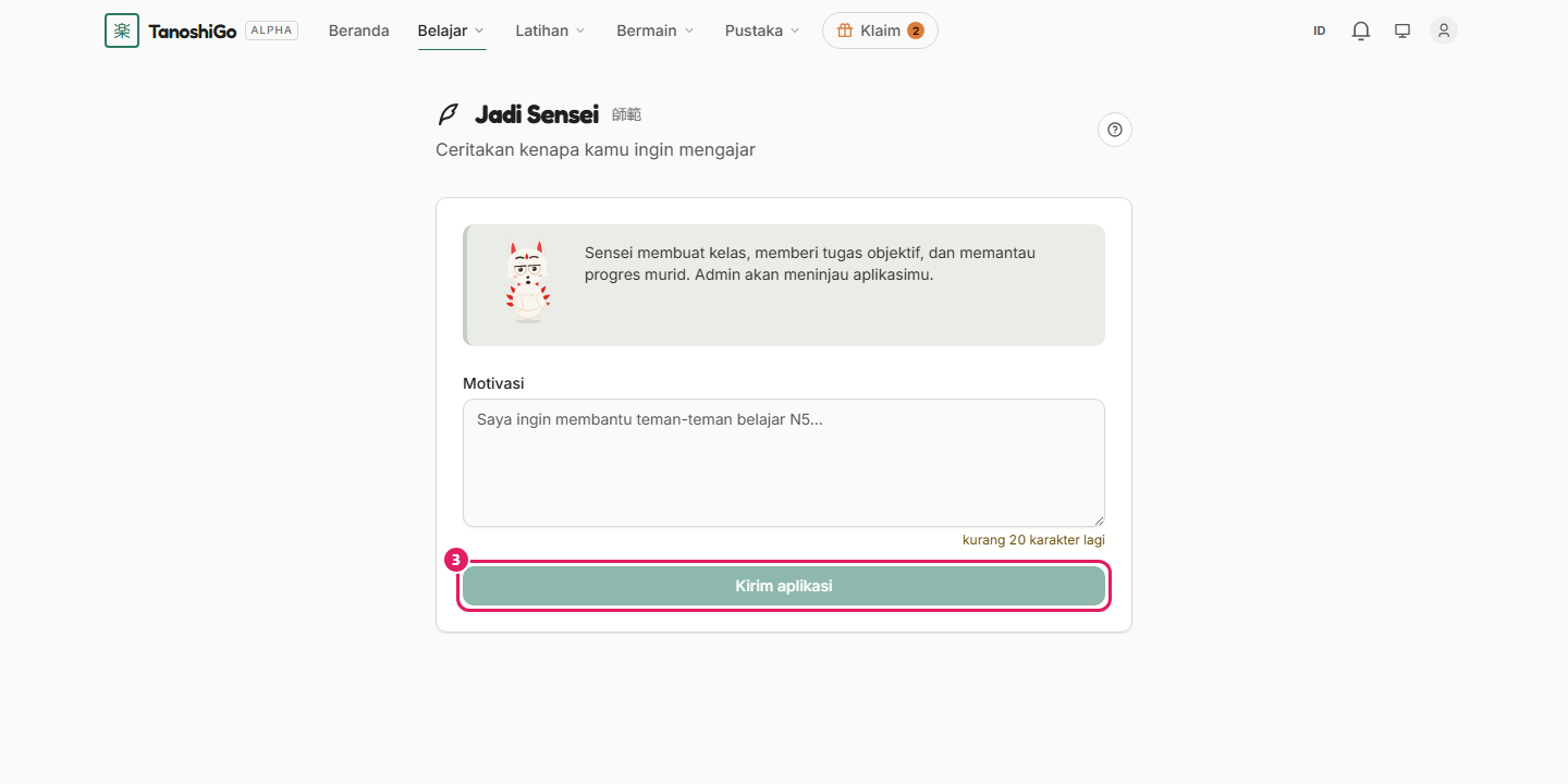 Formulir aplikasi Sensei.