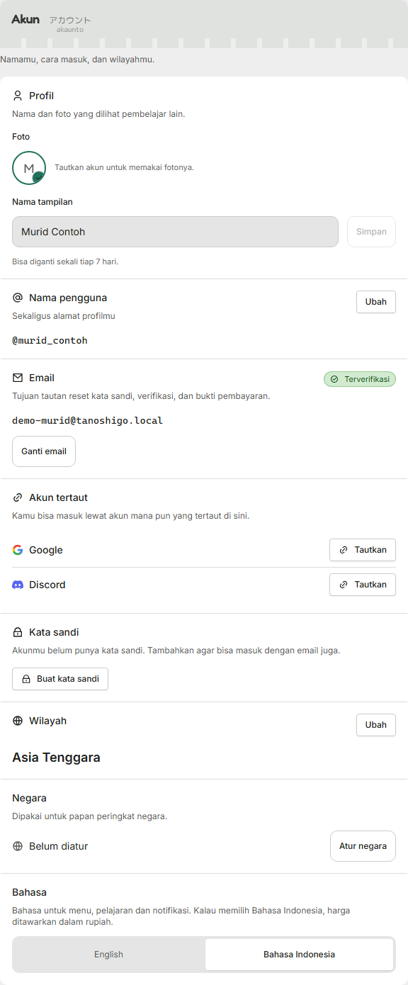 Halaman Pengaturan, dengan daftar bagiannya.
