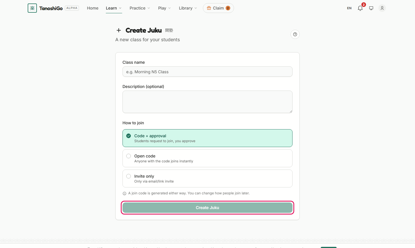 The create-class form.