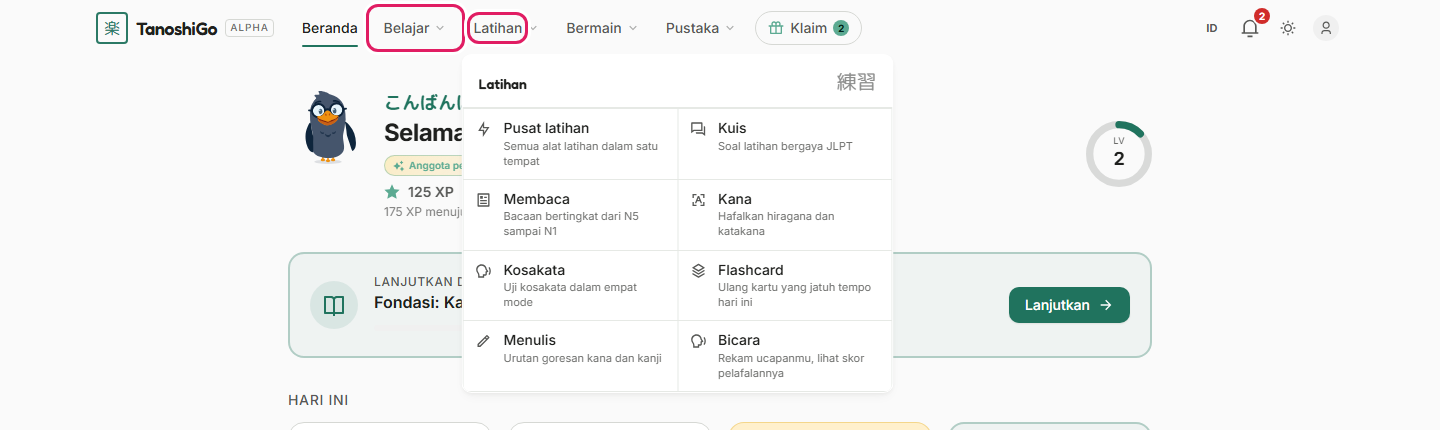 Menu atas, dengan satu kelompok terbuka.